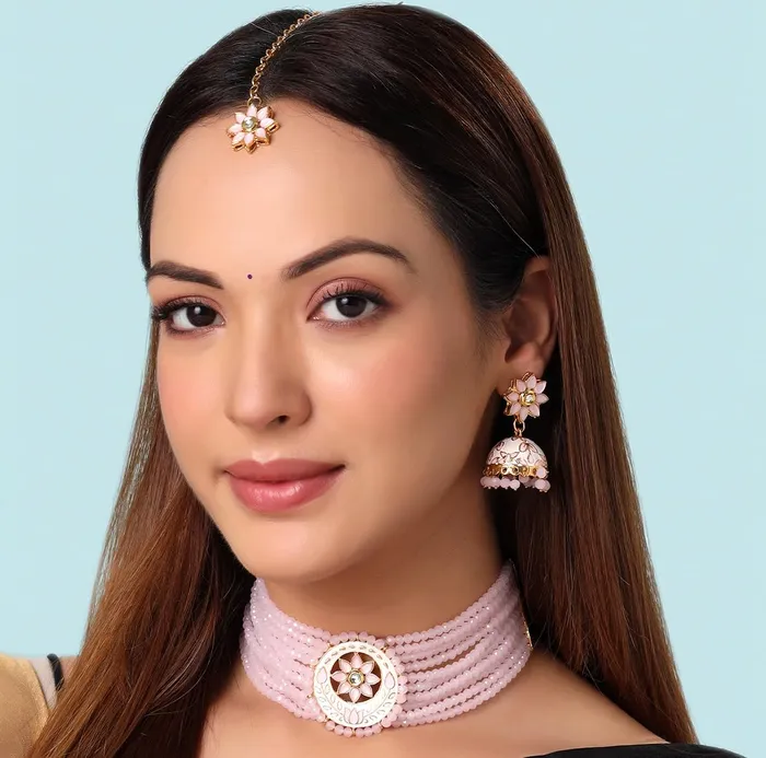 Necklaces Yellow Chimes Jewellery Set for Women Traditional Pink Beads Choker Necklace Set Ethnic Gold Plated Choker Set for Girls Birthday Gift for Girls and Women Anniversary Gift for Wife Yellow Chimes