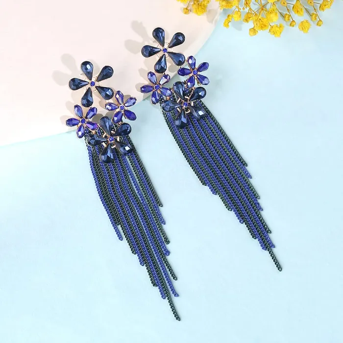 Necklaces Yellow Chimes Yellow Chimes Crystal Danglers Earrings for Women Floral Shaped Crystal Blue Long Chain Dangler Earrings for Women and Girls