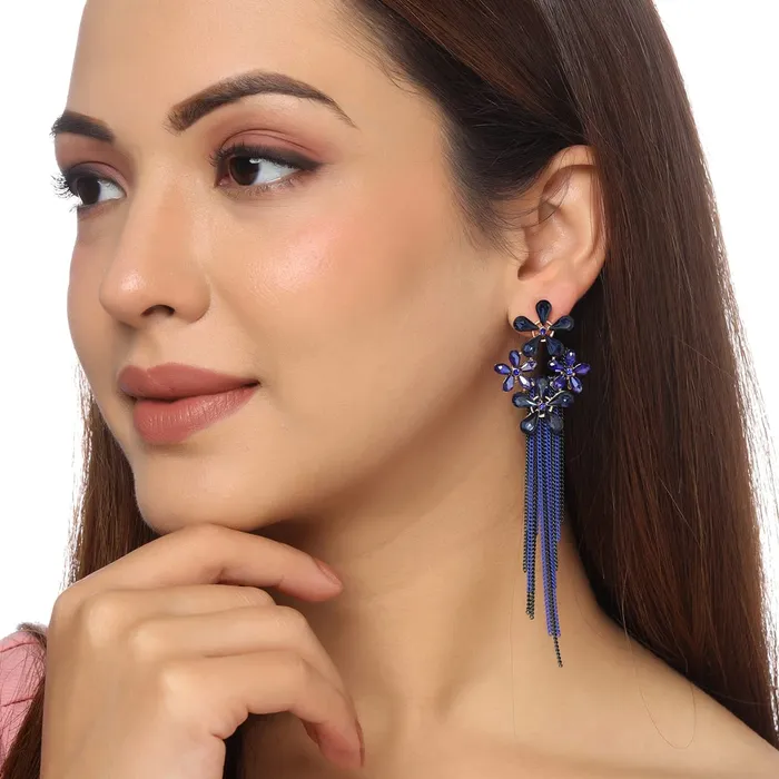 Necklaces Yellow Chimes Yellow Chimes Crystal Danglers Earrings for Women Floral Shaped Crystal Blue Long Chain Dangler Earrings for Women and Girls