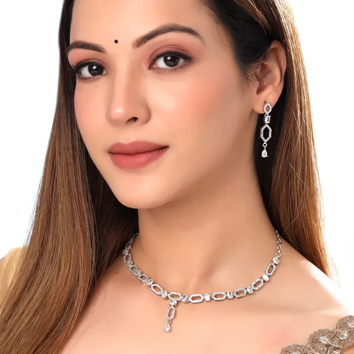 Necklaces Yellow Chimes Yellow Chimes Jewellery Set for Women and Girls Traditional American Diamond Jewellery Set Rosegold Plated AD Necklace Set for Women Birthday Anniversary Gift for Girls Women Style 4