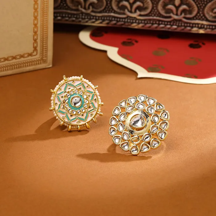 Necklaces Yellow Chimes Yellow Chimes Rings for Women 2 Pcs Set of Adjustable Kundan Studded Rings for Women and Girls
