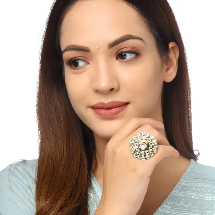Necklaces Yellow Chimes Yellow Chimes Rings for Women 2 Pcs Set of Adjustable Kundan Studded Rings for Women and Girls