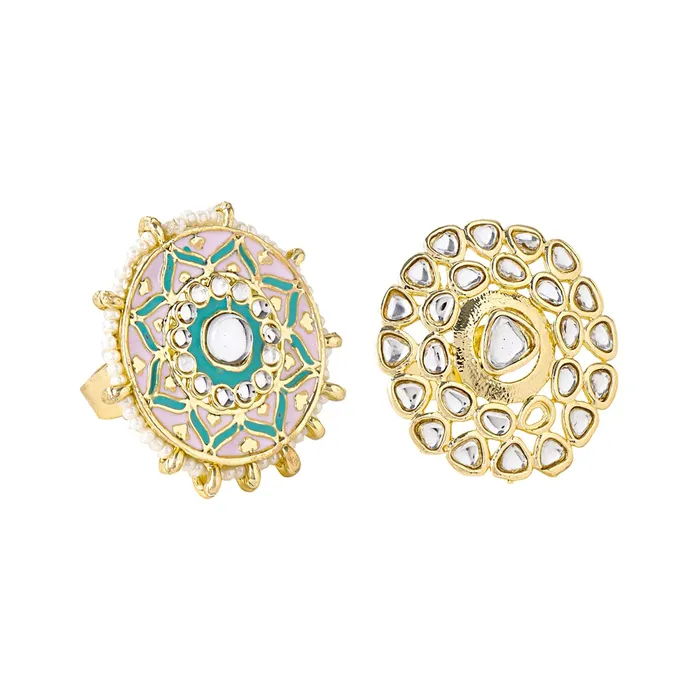 Necklaces Yellow Chimes Yellow Chimes Rings for Women 2 Pcs Set of Adjustable Kundan Studded Rings for Women and Girls