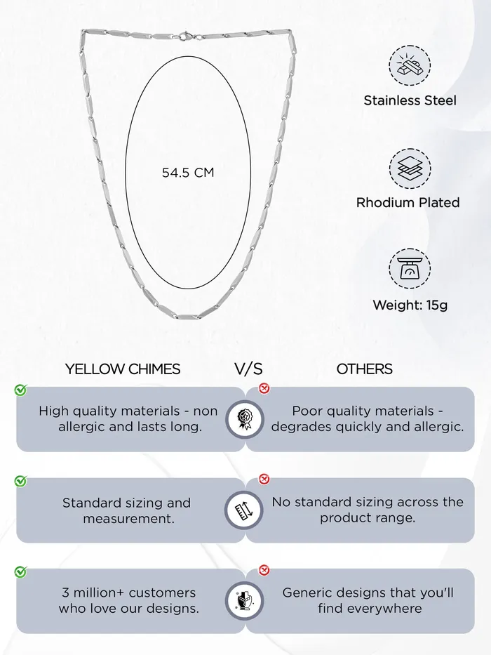 Yellow Chimes Chain for Men and Boys Silver Chain Men Rice Neck Chain for Men Stainless Steel Chains for Men Birthday Gift for Men Boys Anniversary Gift for Husband Yellow Chimes Necklaces