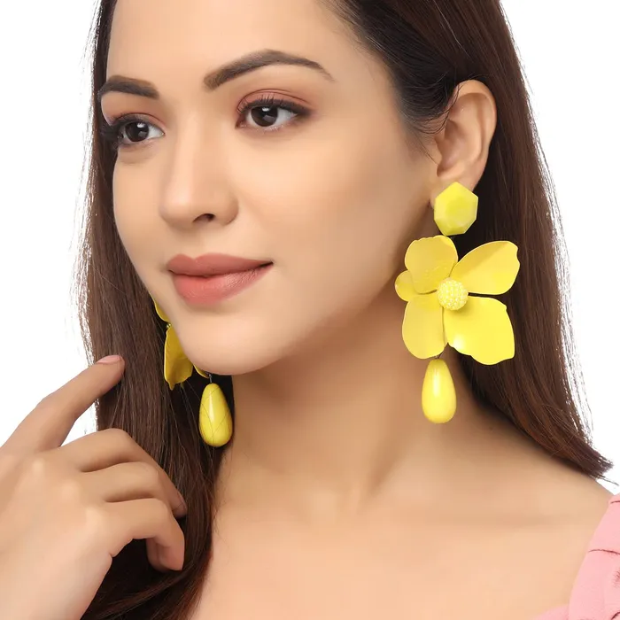 Yellow Chimes Earrings for Women and Girls Fashion Statement Long Drop Earrings Yellow Big Floral Shaped Drop Earrings Birthday Gift for girls and women Anniversary Gift for Wife Yellow Chimes Necklaces