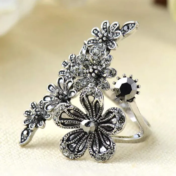 Yellow Chimes Elegant Oxidized Silver Flower Black Crystal Stone Antique Style Cocktail Ring for Women Girls Yellow Chimes Rings