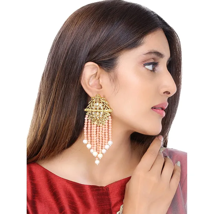 Yellow Chimes Ethnic Gold Plated Kundan Studded Peach Pearl Dangler Earrings for Women and Girls Peach Gold Medium YCTJER82KUDHNGPCH Yellow Chimes Necklaces