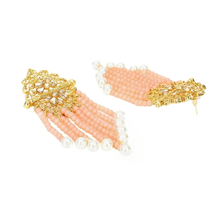 Yellow Chimes Ethnic Gold Plated Kundan Studded Peach Pearl Dangler Earrings for Women and Girls Peach Gold Medium YCTJER82KUDHNGPCH Yellow Chimes Necklaces