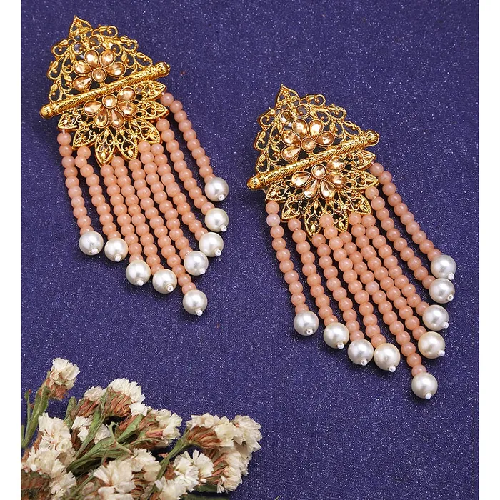 Yellow Chimes Ethnic Gold Plated Kundan Studded Peach Pearl Dangler Earrings for Women and Girls Peach Gold Medium YCTJER82KUDHNGPCH Yellow Chimes Necklaces