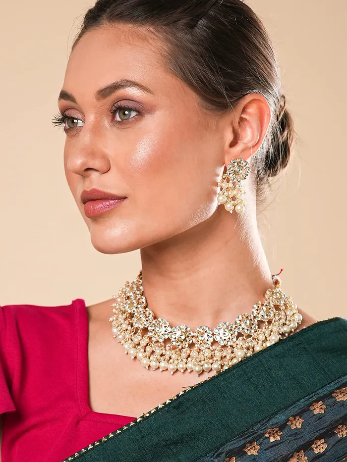 Yellow Chimes Jewellery Set for Women Kundan Traditional White Beads Choker Necklace Set with Earrings for Women and Girls Yellow Chimes Necklaces