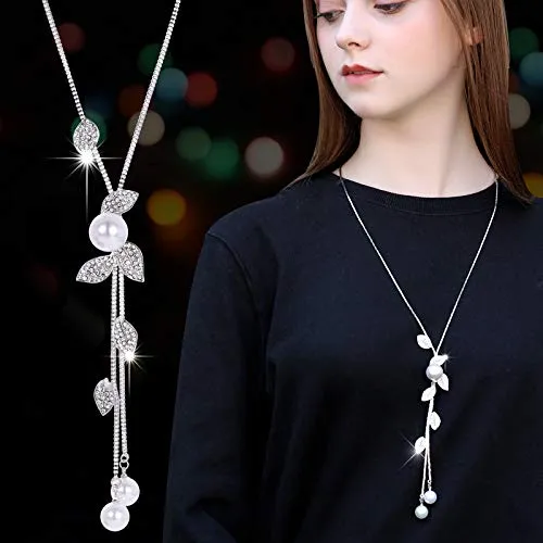 Yellow Chimes Long Chain Necklace for Women Floral Wine Crystal Studded Pearl Silver Long Chain Pendant Necklace for Women and Girls Yellow Chimes Bracelets