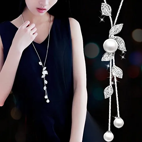 Yellow Chimes Long Chain Necklace for Women Floral Wine Crystal Studded Pearl Silver Long Chain Pendant Necklace for Women and Girls Yellow Chimes Bracelets