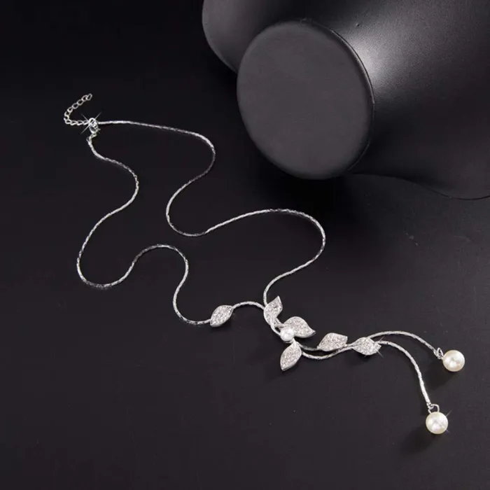 Yellow Chimes Long Chain Necklace for Women Floral Wine Crystal Studded Pearl Silver Long Chain Pendant Necklace for Women and Girls Yellow Chimes Bracelets