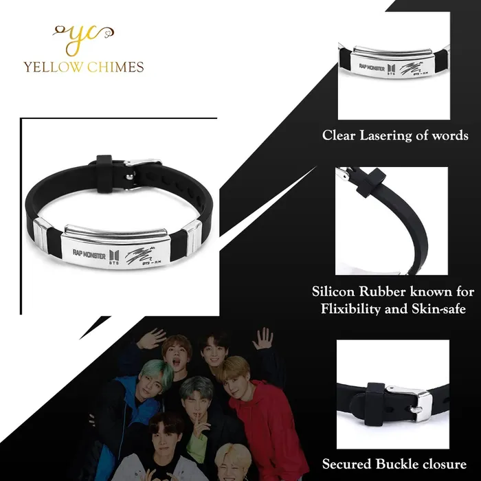 Yellow Chimes Necklaces Yellow Chimes Bracelets for Girls and Boys BTS Bracelet for Girls Boys Silver Toned BTS Band Exquisite Signature RAP MONSTER Bracelets Stainless Steel Silicon Wristband Bracelet