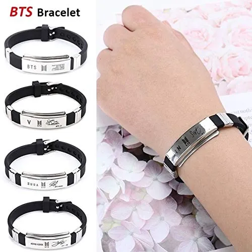 Yellow Chimes Necklaces Yellow Chimes Bracelets for Girls and Boys BTS Bracelet for Girls Boys Silver Toned BTS Band Exquisite Signature RAP MONSTER Bracelets Stainless Steel Silicon Wristband Bracelet