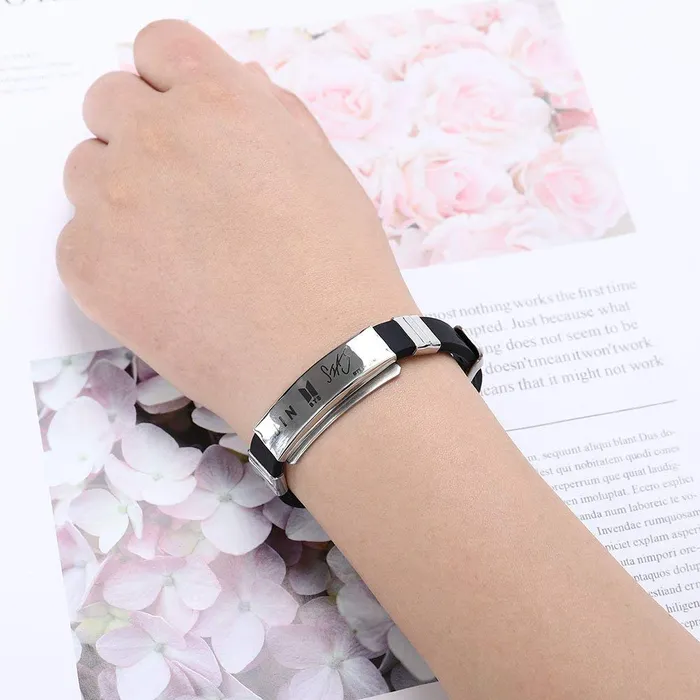 Yellow Chimes Necklaces Yellow Chimes Bracelets for Girls and Boys BTS Bracelet for Girls Boys Silver Toned BTS Band Exquisite Signature RAP MONSTER Bracelets Stainless Steel Silicon Wristband Bracelet