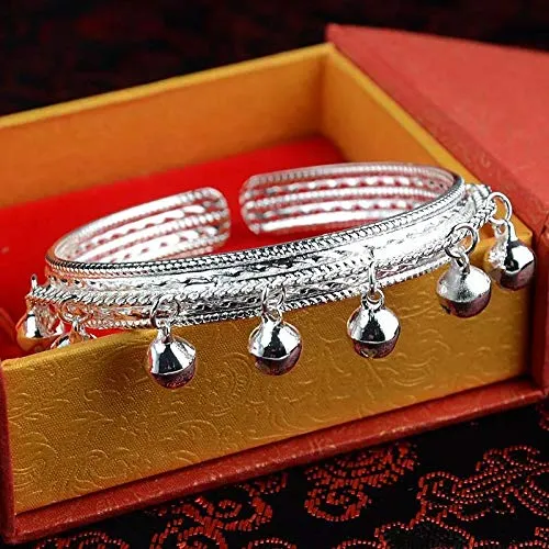 Yellow Chimes Necklaces Yellow Chimes Classic Design Silver Tone Jingle Bells Silver Plated Open Cuff Bracelet For Women and Girls