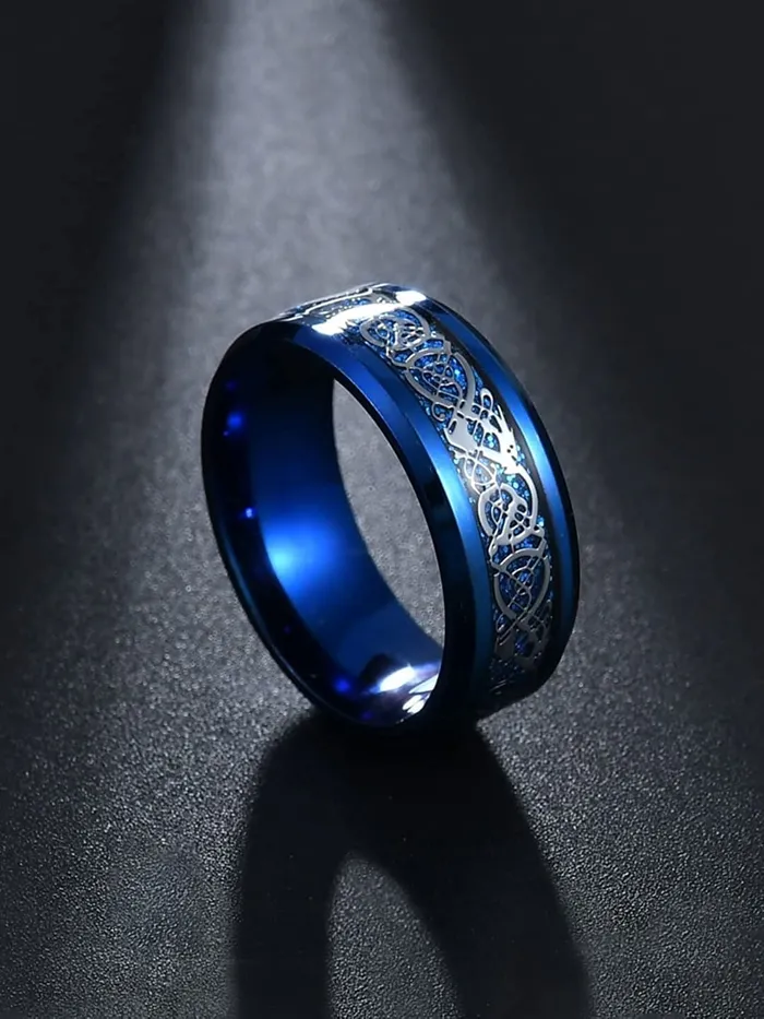 Yellow Chimes Necklaces Yellow Chimes Combo Black Blue Rings For Men Pack of 2 Stainless Steel Men Rings Dragon Celtic Design Black Blue Finger Rings for Boys Ideal Gift For Men and Boys