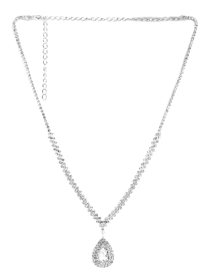 Yellow Chimes Necklaces Yellow Chimes Crystal Jewellery Set for Women Silver Plated Sparkling White Crystal Drop Necklace Set with Earrings for Women and Girls