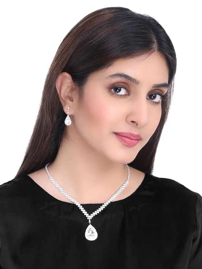 Yellow Chimes Necklaces Yellow Chimes Crystal Jewellery Set for Women Silver Plated Sparkling White Crystal Drop Necklace Set with Earrings for Women and Girls