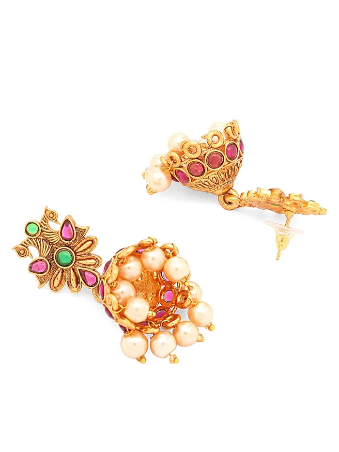 Yellow Chimes Necklaces Yellow Chimes Jewellery Set for Women Gold Toned Kundan Studded Pearl Drop with Beads Green Meeanakari Touch Choker Necklace Set with Earrings for Women and Girls