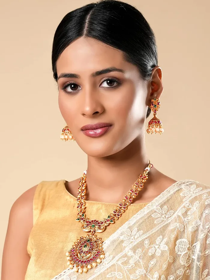 Yellow Chimes Necklaces Yellow Chimes Jewellery Set for Women Gold Toned Kundan Studded Pearl Drop with Beads Green Meeanakari Touch Choker Necklace Set with Earrings for Women and Girls