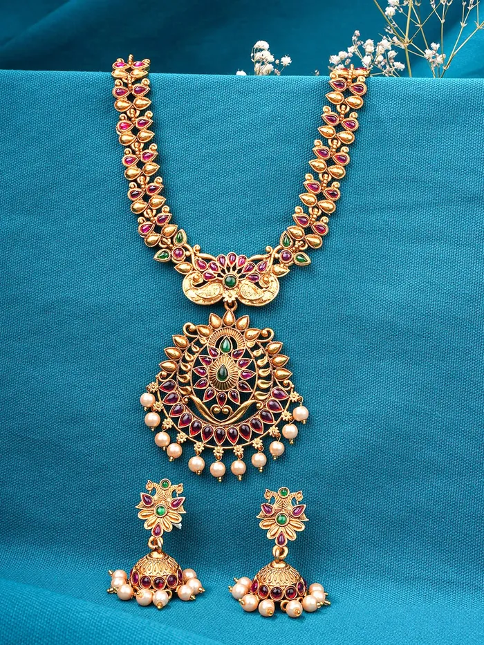 Yellow Chimes Necklaces Yellow Chimes Jewellery Set for Women Gold Toned Kundan Studded Pearl Drop with Beads Green Meeanakari Touch Choker Necklace Set with Earrings for Women and Girls