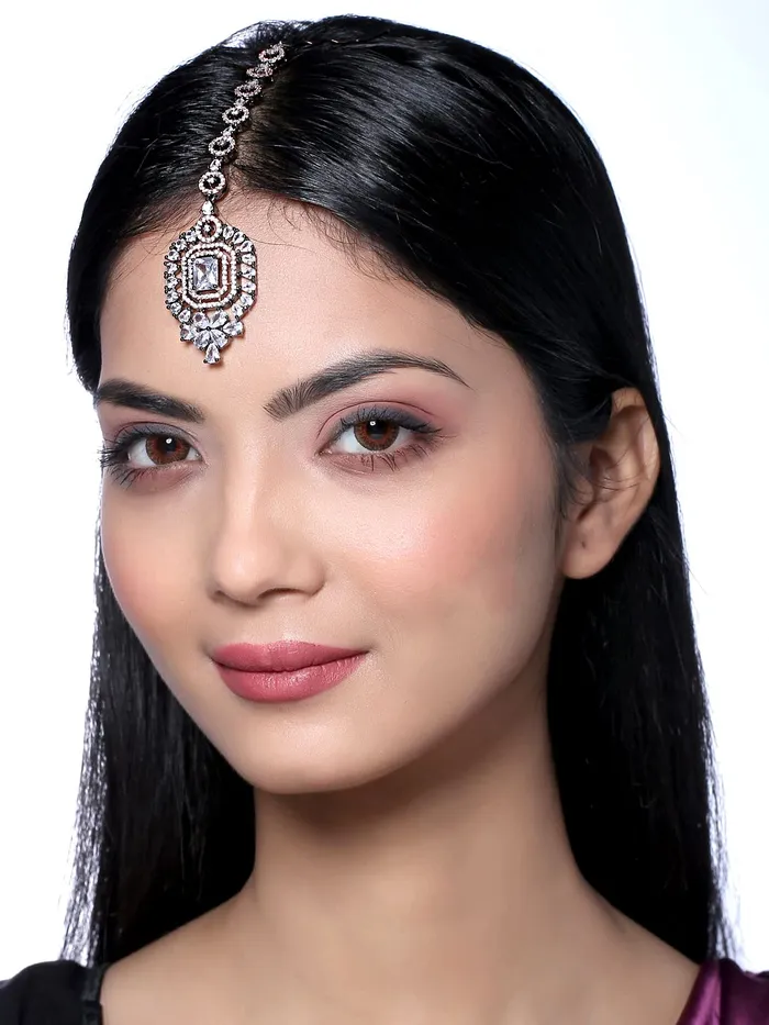 Yellow Chimes Necklaces Yellow Chimes Maang Tikka for Women Beautiful ADAmerican Diamond Studded Rhodium Plated Crystal Maang Tikka for Women and Girls Design 12