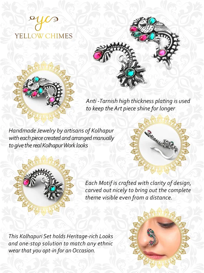 Yellow Chimes Necklaces Yellow Chimes Oxidised Nose Pin Nath for Women 2 Pcs Combo Authentic Kolhapuri Worked Maharasthrian NonPiercing Nath for Women and Girls