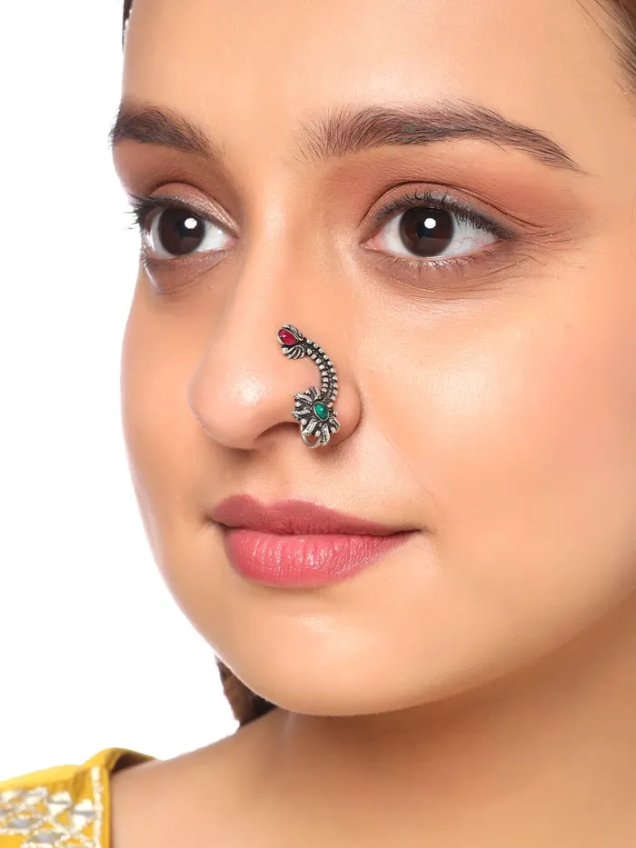 Yellow Chimes Necklaces Yellow Chimes Oxidised Nose Pin Nath for Women 2 Pcs Combo Authentic Kolhapuri Worked Maharasthrian NonPiercing Nath for Women and Girls