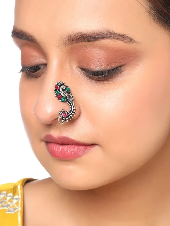 Yellow Chimes Necklaces Yellow Chimes Oxidised Nose Pin Nath for Women 2 Pcs Combo Authentic Kolhapuri Worked Maharasthrian NonPiercing Nath for Women and Girls