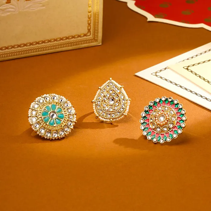 Yellow Chimes Necklaces Yellow Chimes Rings for Women 3 Pcs Set of Adjustable Kundan Studded Rings for Women and Girls