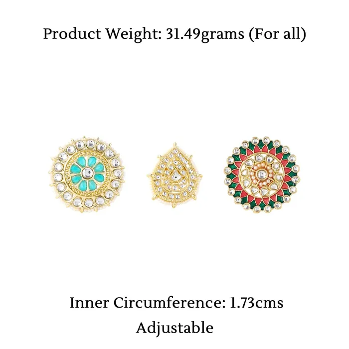 Yellow Chimes Necklaces Yellow Chimes Rings for Women 3 Pcs Set of Adjustable Kundan Studded Rings for Women and Girls