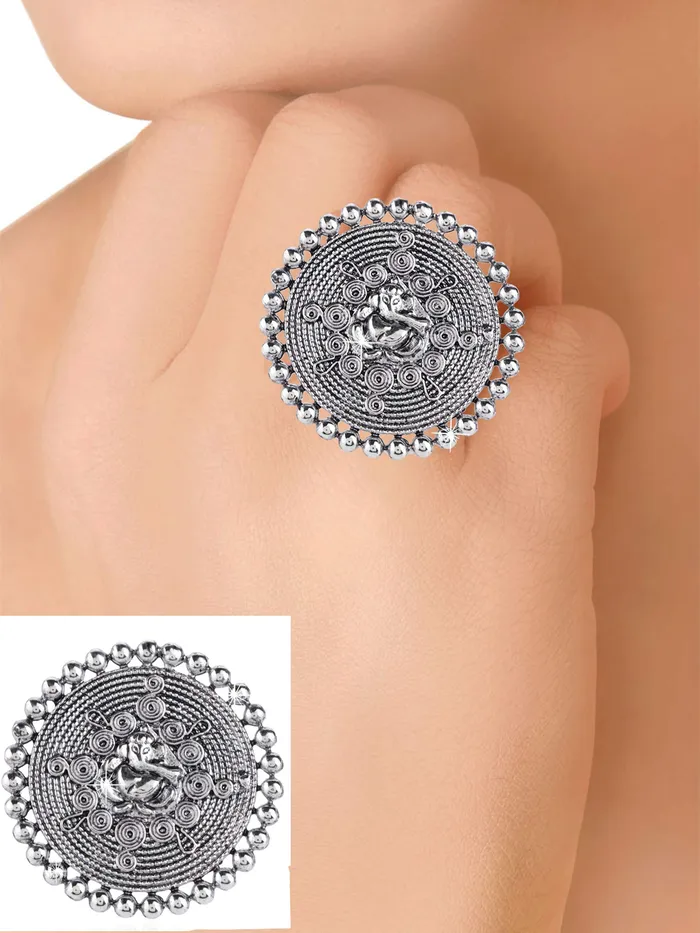 Yellow Chimes Necklaces Yellow Chimes Rings for Women Silver Oxidised Stone Studded 3 Pcs Combo of Adjustable Ring with Big Charm for Women and Girls