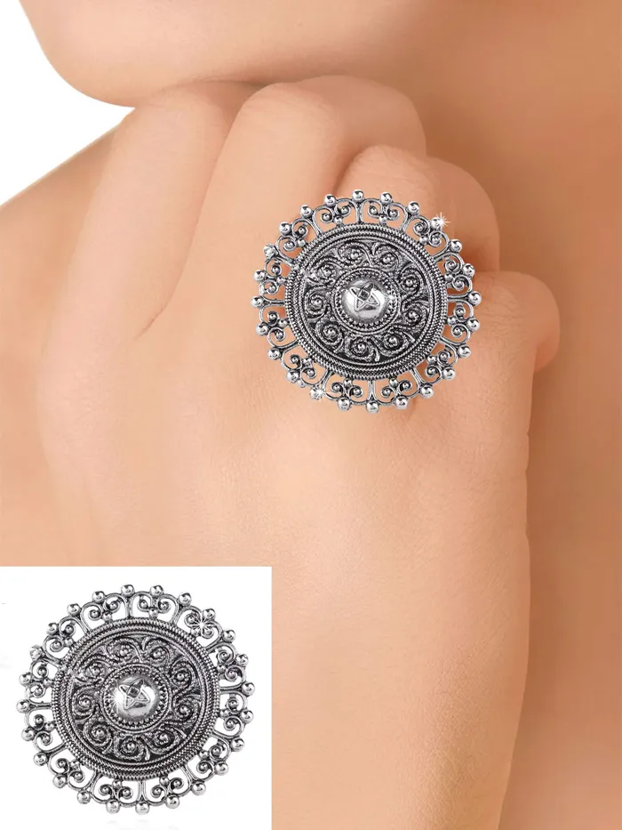 Yellow Chimes Necklaces Yellow Chimes Rings for Women Silver Oxidised Stone Studded 3 Pcs Combo of Adjustable Ring with Big Charm for Women and Girls