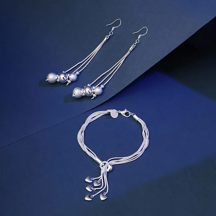 Yellow Chimes Necklaces Yellow Chimes Silver Earrings Bracelet Set for Women Hanging Love Heart Charm Bracelet Silver Plated Tassel Earrings Bracelet Set for Women and Girls
